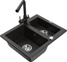 Granitinė virtuvinė plautuvė Mexen Carlos su maišytuvu ir sifonu, Metallic black/gold/black