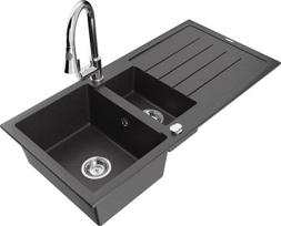 Granitinė virtuvinė plautuvė Mexen Andres su maišytuvu ir sifonu, Black granite/Chrome