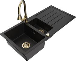 Granitinė virtuvinė plautuvė Mexen Andres su maišytuvu ir sifonu, Black/Gold