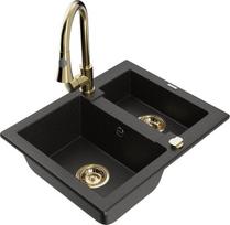 Granitinė virtuvinė plautuvė Mexen Carlos su maišytuvu ir sifonu, Metallic black/Gold