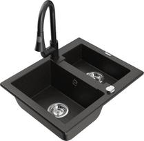 Granitinė virtuvinė plautuvė Mexen Carlos su maišytuvu ir sifonu, Metallic black/gold/black