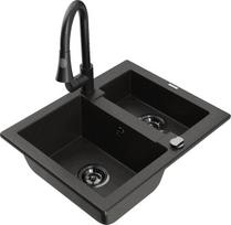 Granitinė virtuvinė plautuvė Mexen Carlos su maišytuvu ir sifonu, Metallic black/gold/black
