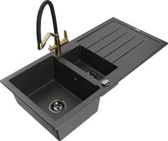 Granitinė virtuvinė plautuvė Mexen Andres su maišytuvu ir sifonu, Black granite/Black/Gold