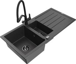 Granitinė virtuvinė plautuvė Mexen Andres su maišytuvu ir sifonu, Black granite/Black/Gold