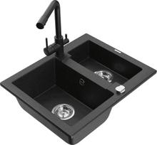 Granitinė virtuvinė plautuvė Mexen Carlos su maišytuvu ir sifonu, Metallic black/silver+Black