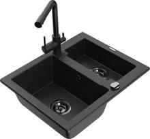 Granitinė virtuvinė plautuvė Mexen Carlos su maišytuvu ir sifonu, Metallic black/silver+Black