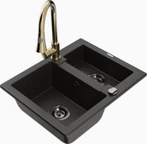 Granitinė virtuvinė plautuvė Mexen Carlos su maišytuvu ir sifonu, Metallic black/gold+Gold