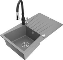 Granitinė virtuvinė plautuvė Mexen Cesar su maišytuvu ir sifonu, Grey/Black