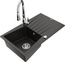 Granitinė virtuvinė plautuvė Mexen Cesar su maišytuvu ir sifonu, Metallic black/gold/chrome