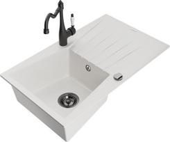 Granitinė virtuvinė plautuvė Mexen Cesar su maišytuvu ir sifonu, White/Black