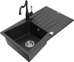Granitinė virtuvinė plautuvė Mexen Cesar su maišytuvu ir sifonu, Metallic black/silver/black