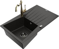 Granitinė virtuvinė plautuvė Mexen Cesar su maišytuvu ir sifonu, Metallic black/Gold