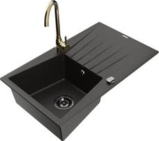 Granitinė virtuvinė plautuvė Mexen Cesar su maišytuvu ir sifonu, Metallic black/Gold