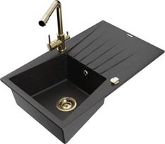 Granitinė virtuvinė plautuvė Mexen Cesar su maišytuvu ir sifonu, Metallic black/silver/gold