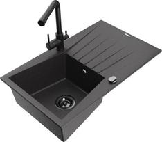 Granitinė virtuvinė plautuvė Mexen Cesar su maišytuvu ir sifonu, Black granite/Black