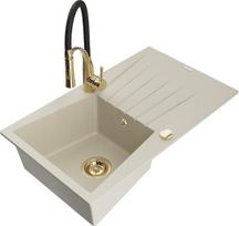 Granitinė virtuvinė plautuvė Mexen Cesar su maišytuvu ir sifonu, Beige/Black/Gold