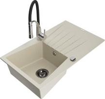 Granitinė virtuvinė plautuvė Mexen Cesar su maišytuvu ir sifonu, Beige/Black/Chrome