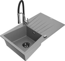 Granitinė virtuvinė plautuvė Mexen Cesar su maišytuvu ir sifonu, Grey/Black/Chrome