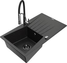 Granitinė virtuvinė plautuvė Mexen Cesar su maišytuvu ir sifonu, Metallic black/silver/black/chrome
