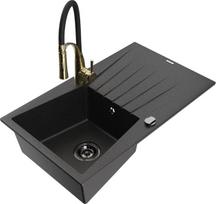 Granitinė virtuvinė plautuvė Mexen Cesar su maišytuvu ir sifonu, Metallic black/silver/black/gold