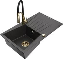 Granitinė virtuvinė plautuvė Mexen Cesar su maišytuvu ir sifonu, Black granite/Black/Gold