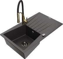 Granitinė virtuvinė plautuvė Mexen Cesar su maišytuvu ir sifonu, Black granite/Black/Gold
