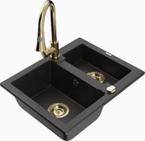 Granitinė virtuvinė plautuvė Mexen Carlos su maišytuvu ir sifonu, Metallic black/Silver/Gold