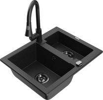 Granitinė virtuvinė plautuvė Mexen Carlos su maišytuvu ir sifonu, Metallic black/silver/Black