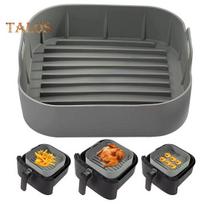 Silikoninės oro gruzdintuvės kepimo skarda su rankenomis Nelipnios daugkartinio naudojimo kvadratinių Airfryer įdėklų krepšelis 4–6 QT oro gruzdintuvės priedams tolygiai šildyti Square pilka