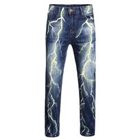 Original Personality Lightning Hole 3D Digital Printing Fashionable Jeans 29 tamsiai mėlyna spalva