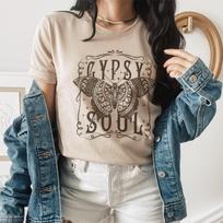 Gypsy Soul Butterfly Print Hippie Boho T Shirt Ladies Vintage Short Sleeve Tshirts Women 70s Retro T-Shirts Bohemian Witch Top M gray