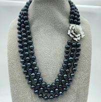 Fashion 3 Rows Genuine Black Pearl Shell Flower Clasp Necklace