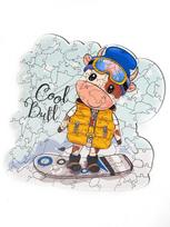 Bull on a snowboard - unikali MEDINĖ dėlionė iš 103 detalių