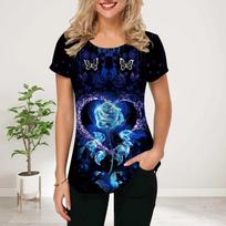 Women Summer T Shirt Black Dandelion Print Short Sleeve Tees Casual Printed Tops XS mėlyna