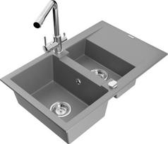 Granitinė virtuvinė plautuvė Mexen Gaspar su maišytuvu ir sifonu, Grey/Chrome