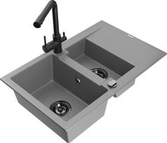 Granitinė virtuvinė plautuvė Mexen Gaspar su maišytuvu ir sifonu, Grey/Black