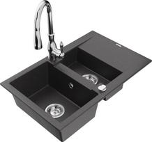 Granitinė virtuvinė plautuvė Mexen Gaspar su maišytuvu ir sifonu, Black granite/Chrome