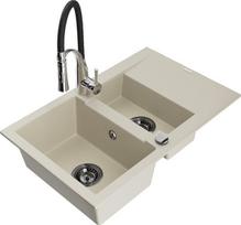 Granitinė virtuvinė plautuvė Mexen Gaspar su maišytuvu Aster ir sifonu 6507-69-73450-07-B, smėlio, juodos, chromo spalvos