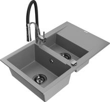 Granitinė virtuvinė plautuvė Mexen Gaspar su maišytuvu ir sifonu, Grey/Black/Chrome