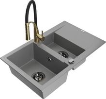 Granitinė virtuvinė plautuvė Mexen Gaspar su maišytuvu ir sifonu, Grey/Black/Gold