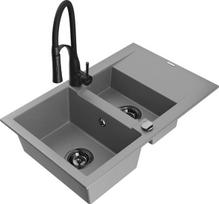 Granitinė virtuvinė plautuvė Mexen Gaspar su maišytuvu ir sifonu, Grey/Black