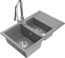 Granitinė virtuvinė plautuvė Mexen Gaspar su maišytuvu ir sifonu, Grey/Chrome