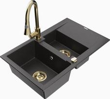 Granitinė virtuvinė plautuvė Mexen Gaspar su maišytuvu ir sifonu, Black granite/Gold