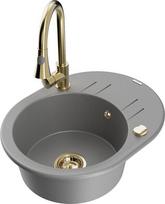 Granitinė virtuvinė plautuvė Mexen Kevin su maišytuvu ir sifonu, Grey/Gold