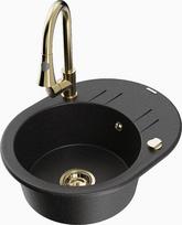 Granitinė virtuvinė plautuvė Mexen Kevin su maišytuvu ir sifonu, Metallic black/silver/Gold