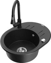 Granitinė virtuvinė plautuvė Mexen Kevin su maišytuvu ir sifonu, Metallic black/silver/Black