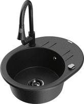 Granitinė virtuvinė plautuvė Mexen Kevin su maišytuvu ir sifonu, Metallic black/silver/Black