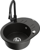 Granitinė virtuvinė plautuvė Mexen Kevin su maišytuvu ir sifonu, Metallic black/gold/Black