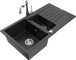 Granitinė virtuvinė plautuvė Mexen Matias su maišytuvu ir sifonu, Metallic black/Silver/Chrome