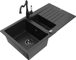 Granitinė virtuvinė plautuvė Mexen Matias su maišytuvu ir sifonu, Metallic black/Silver/Black